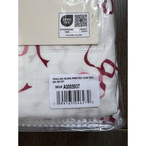 NWT Laura Ashley QUEEN Sheet Set TRAILING BOWS STRIPED HEM Red White Cotton - Picture 6 of 7